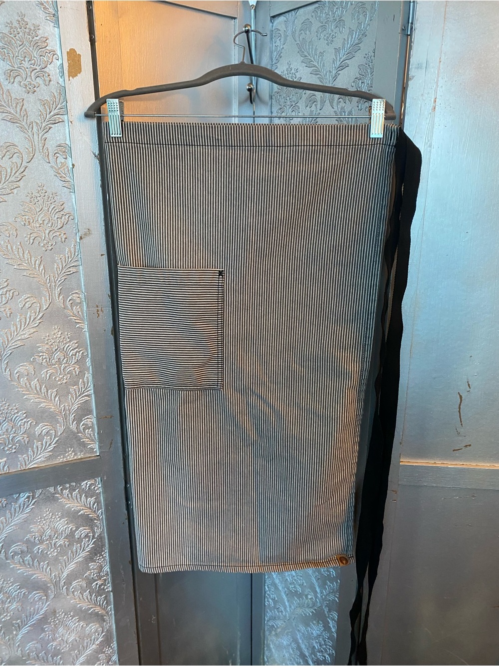 Chefworks grey and white striped apron 
30 by 28 inches